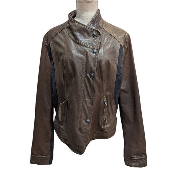 Via Spiga Womens 100% Leather Asymmetrical Moto Jacket Zip Up Dark Brown Size XL - Picture 3 of 13